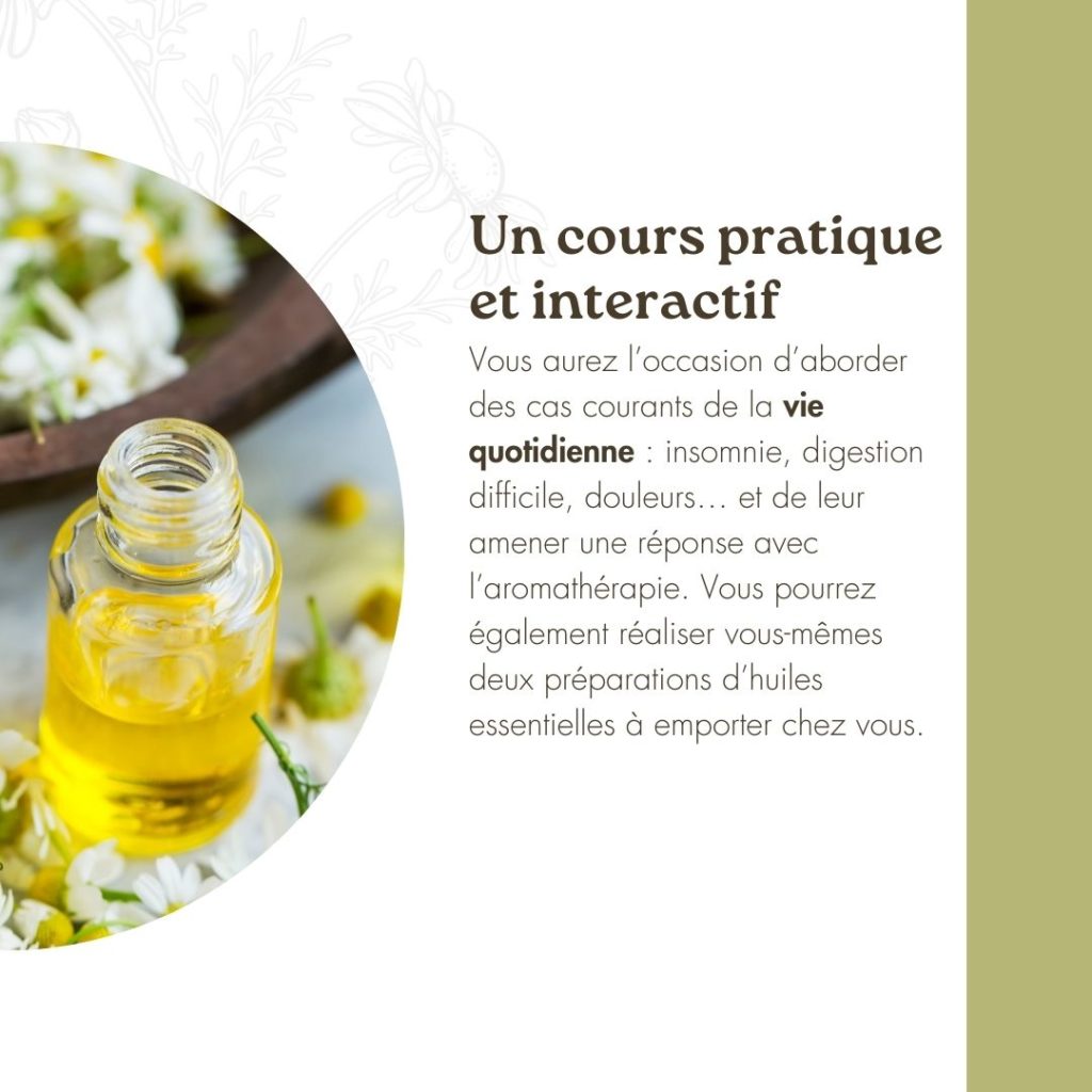 Flacon d'huile essentielle et fleurs.